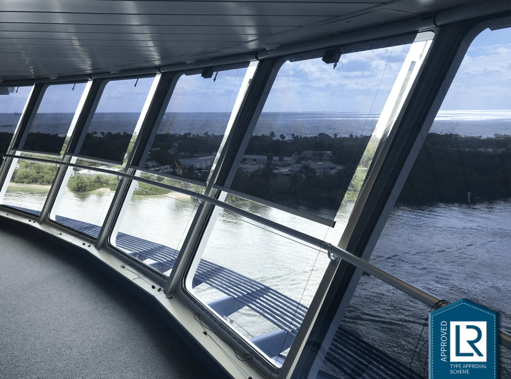 Solarglide marine solar screens displayed on bridge area of ship