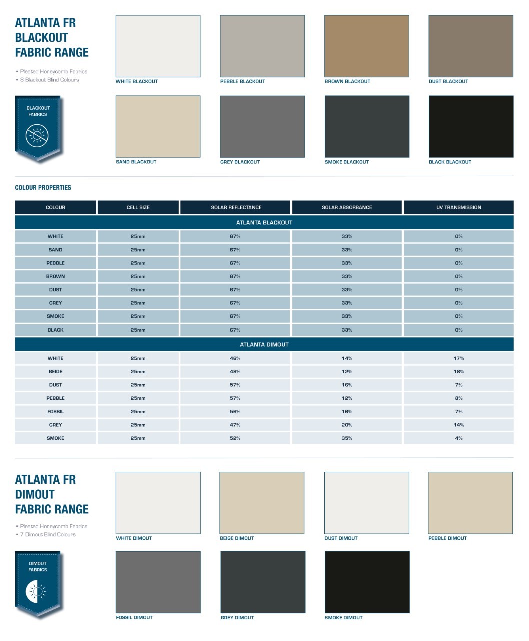 Free hanging pleasted blinds colour range