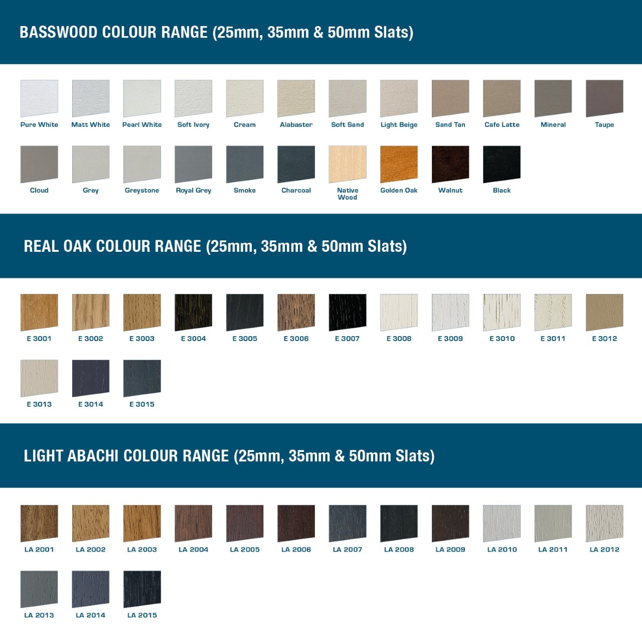 Solarglide Wooden blinds Colour Chart
