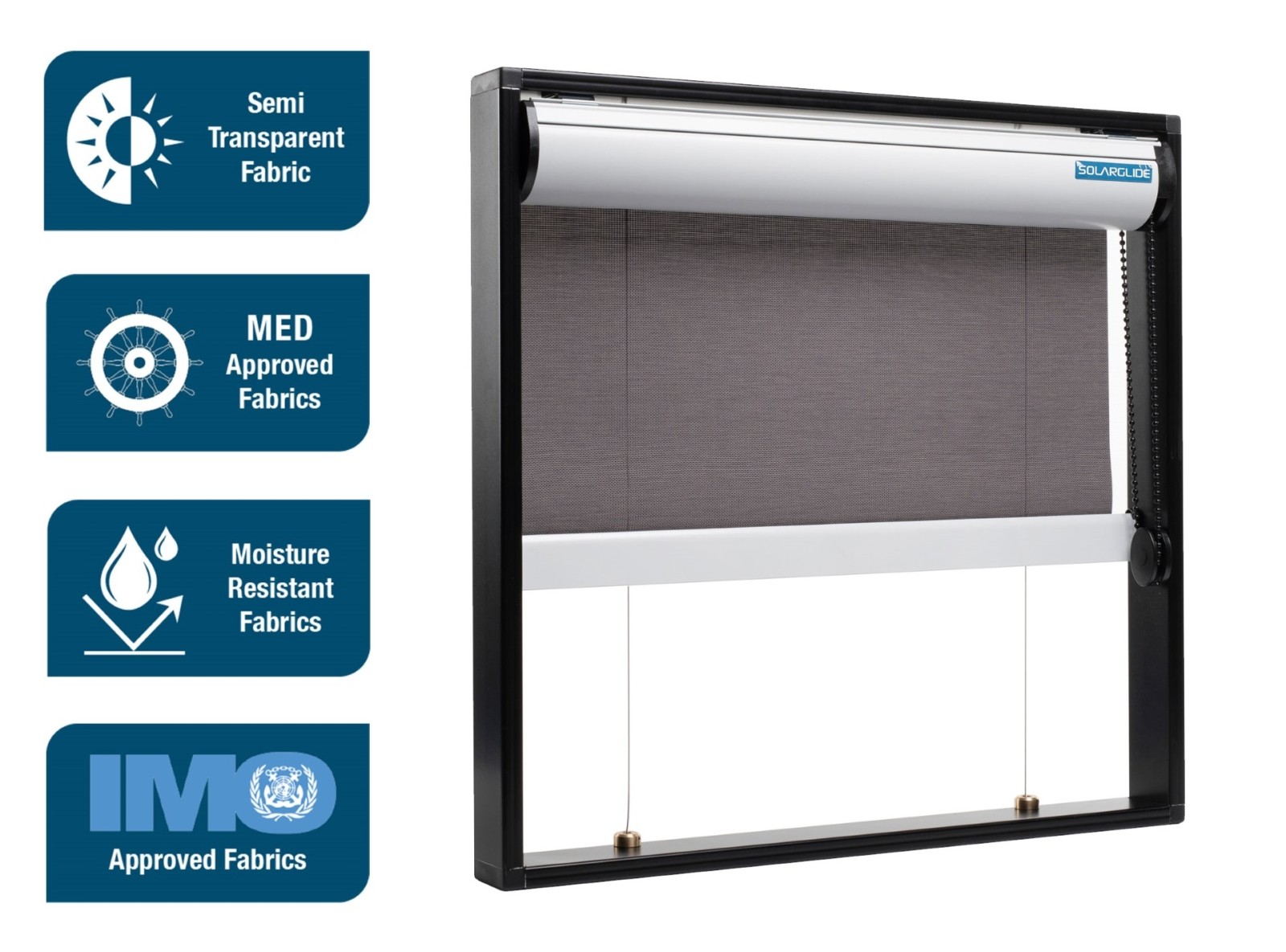 Solarglide Marine Dimout Blinds product photography Copyright © 2023